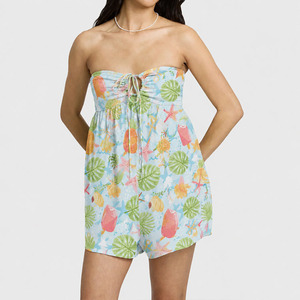 Jumpsuits plisados sin tirantes con estampado playero de verano al por mayor, personalizados, transpirables, de algodón y lino, estilo Aloha. - Product Image 1