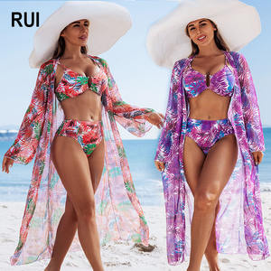 RUIQUWIN 2026 Nuevo Bikini de 3 Piezas con Estampado Floral para Mujer, Transpirable, Ecológico, de Secado Rápido, Manga Larga, Push-Up, Talla Grande, para Playa - Product Image 1