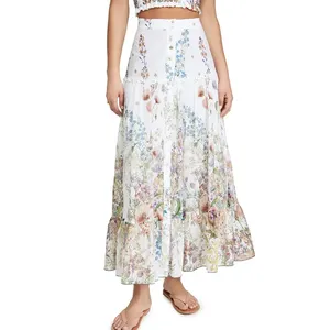 कस्टम स्टाइलिश कैजुअल महिला कपड़े पुष्प प्रिंट विभाजन बटन फीता ग्रीष्मकालीन रूफल्स कपास लंबी महिला स्कर्ट
