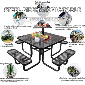 Mesa de Comedor Comercial de Malla de Acero para Picnic con Bancos Integrados, Impermeable, Anticorrosión, Resistente a los Rayos UV, para Exteriores - Set de Patio para Parques Públicos - Product Image 2