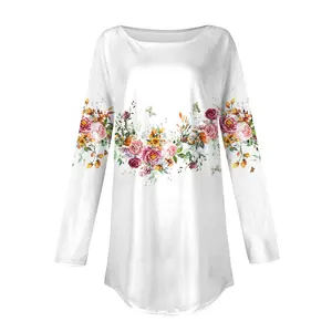 2024 Fashion Floral Print Women T-shirts Long Sleeve Round Neck Knitwear Spring Summer Casual T-Shirts For Women