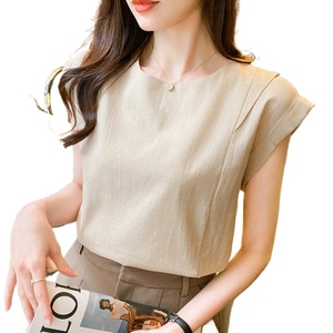 Blusa de Linho de Algodão de Verão para Mulheres, Moda Sem Mangas, Decote Redondo, Camisas Casuais Femininas, Estilo Coreano 6051 # - Product Image 1