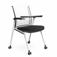 Chaise de conférence pliable avec accoudoir fixe, dossier respirant ajouré, tablette d'écriture et roulettes