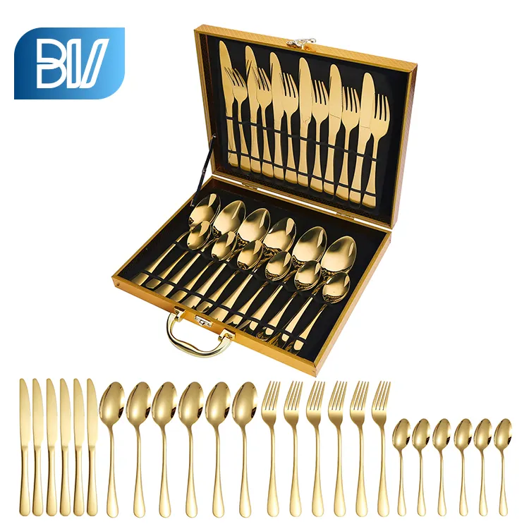 Wholesale Restaurant Luxury Gold Spoon Fork Spoon 24PCS Flatware Set With Gift Box