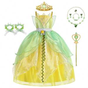 Disfraz de Elfo <span class=keywords><strong>Verde</strong></span> para Niños, <span class=keywords><strong>Precio</strong></span> de Fábrica, Disfraz de Princesa Tiana, Campanita, para Fiestas Escolares, Traje con Capa y Top - Product Image 6