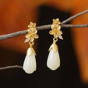 Pendientes de Plata de Ley S925 con Baño de Oro, Circonita, Jade Hetian, Estilo Étnico Retro, Flor de Loto y Magnolia, para Mujer, Moda, Colgantes - Product Image 6