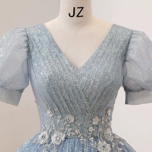 Princess Evening Gown <b>Light</b> Blue V-<b>neck</b> Empire Waist Ball Gown Floral Print Spring Formal Dress - Product Image 3