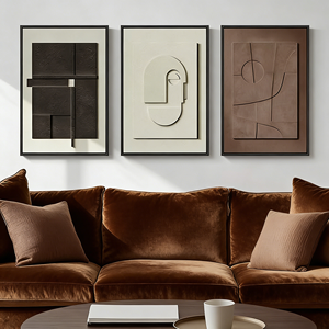 Arte Mural Moderno Abstracto 3D con Textura Geométrica de Arenisca, Enmarcado, Pintado a Mano, Ecológico, en Negro, Blanco y Marrón, para Sala de Estar - Product Image 1