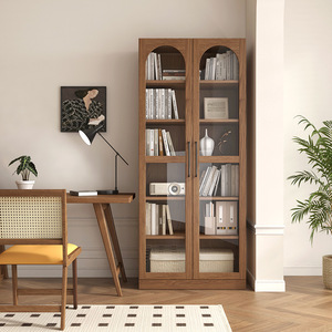 Estante flotante de roble <span class=keywords><strong>rojo</strong></span> moderno, puerta de cristal, sala de estar de Hotel, armario de almacenamiento de pared completa, estantería de montaje en suelo de madera maciza - Product Image 3