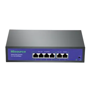 Hisource 4端口10/100Mbps DC52V POE交换机IEEE 802.3af/at以太网交换机上行链路2 100Mbps端口，用于IP摄像机/闭路电视安全