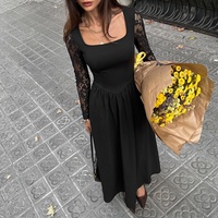 Robe longue élégante noire pour femme 2026, col carré, manches longues en dentelle, taille ajustée, coupe fluide, idéale pour soirée formelle