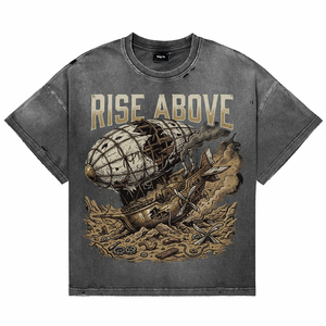 T-shirts pour hommes vintage délavés à l'acide, style steampunk, avec motif d'airship, coupe ample et oversize, imprimé lettres, respirant - Product Image 1
