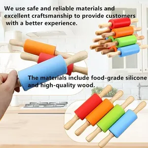 1/4Pcs Non-Stick <b>Silicone</b> Rolling Pin Wooden Handle Pastry Dough Flour Roller Kitchen Cooking kid <b>Baking</b> Tool For Pasta Dough - Product Image 4