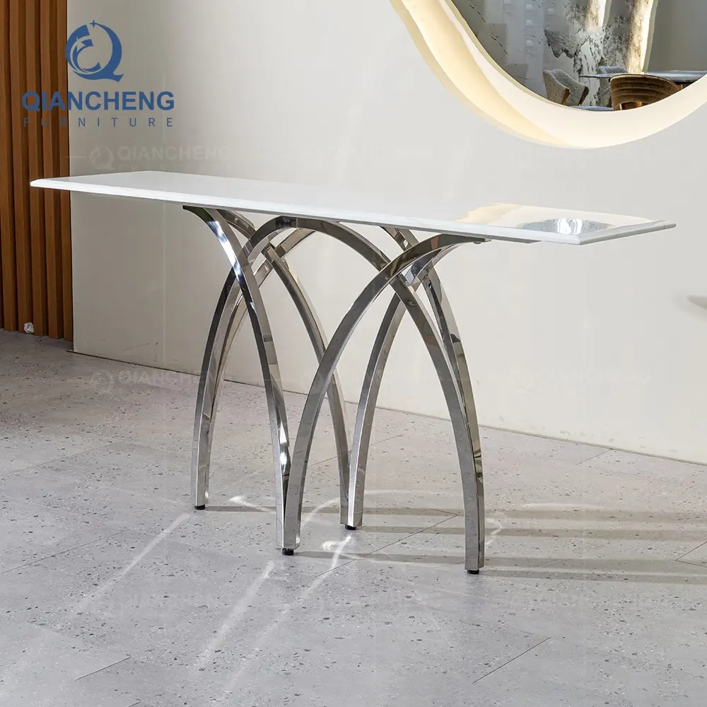 Интерьерная мебель QIANCHENG для прихожей, серебристые Столы из Нержавеющей Стали, зеркало, Белый Мраморный консольный стол для гостиной