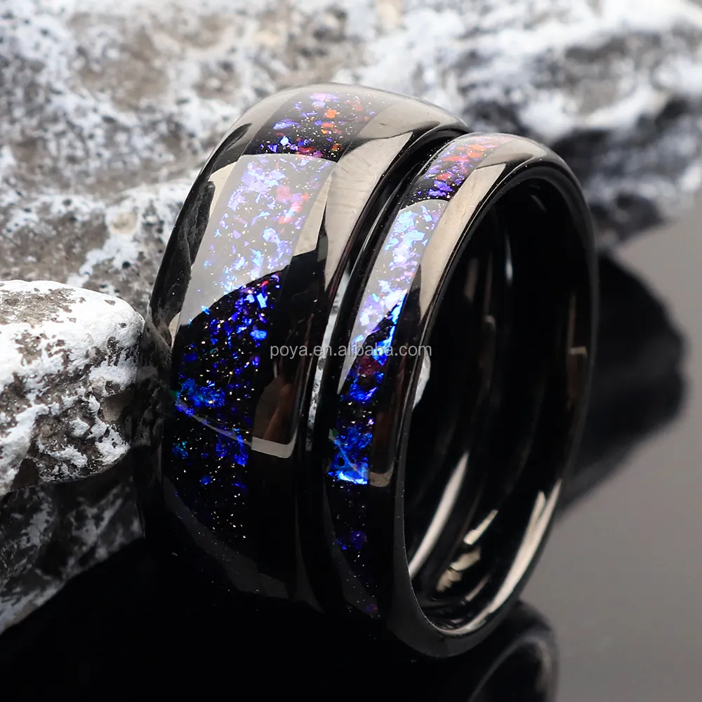 POYA Nebula Couple Rings 8mm 6mm Black Polished Dome Tungsten Wedding Ring for Men Comfort Fit