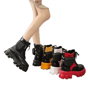 Zapatos de tacón alto de cuero para mujer, billetera con cordones y cremallera, botines de nieve informales para motocicleta, Otoño e Invierno