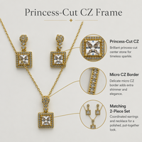 Ensemble collier et boucles d'oreilles classiques avec pendentif en zircon taille princesse |   Bijoux en cuivre 2 pièces