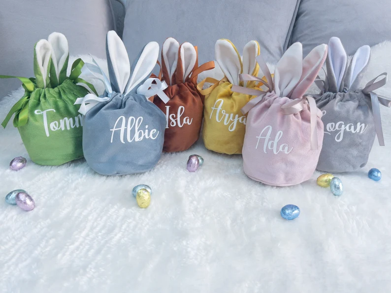 Colorful Velvet Easter Bunny Drawstring Bag