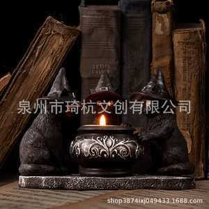 Black Cat Ghost Candlestick Halloween Ornament Resin Craft <b>Battery</b> <b>Operated</b> Indoor Decoration - Product Image 3