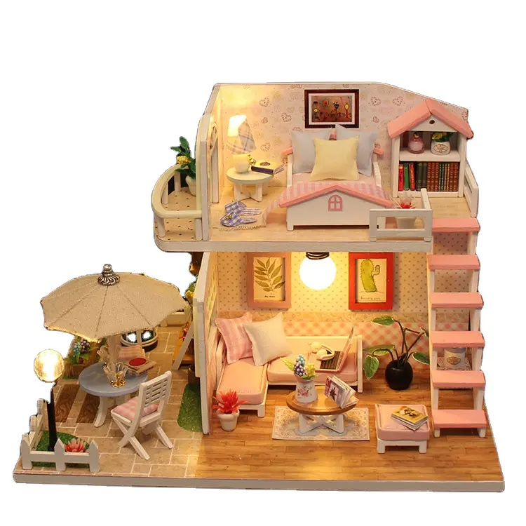 Fabrika çıkış ahşap mobilya Dollhouses Diy oyuncak ahşap bebek evi oyun seti işıklı mobilya
