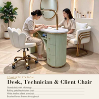 Table de manucure professionnelle avec aspirateur de poussière, plateau en marbre blanc cannelé bleu, finition dorée, mobilier de salon de manucure avec chaise, OEM