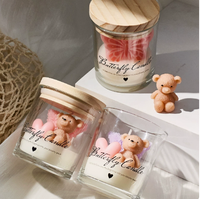 Bougie parfumée en verre transparent avec figurines 3D papillon et ours, décor floral rose en forme de cœur, bougie aromatique adorable