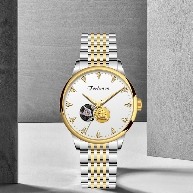 Men Swiss Automatic Watch Ferhmen F8080 Smooth Sailing Inlaid Diamond Sapphire Crystal 316L Stainless Steel 50M Waterproof