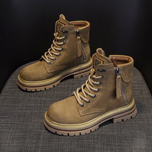 <span class=keywords><strong>Bottes</strong></span> montantes en daim et cuir véritable pour <span class=keywords><strong>femme</strong></span>, style <span class=keywords><strong>moto</strong></span> rétro, à lacets, talon compensé, rehaussant la silhouette, polyvalentes pour le travail - Product Image 2