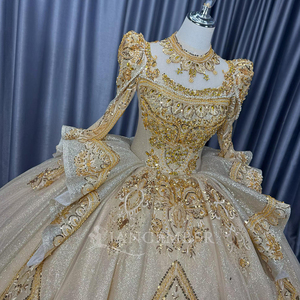 Lscm113 Magnifique robe de bal Quinceanera en dentelle baroque dorée avec appliques scintillantes, nœud à la taille, Jancember - Product Image 5