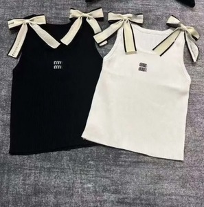 <span class=keywords><strong>T</strong></span>-shirt Corta da Donna Senza Maniche con Fiocco sulla Spalla, Stile Designer Miu, Elegante Casual, Ricamata Minmin - Product Image 1