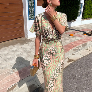 Robe longue femme 2026, nouvelle mode printemps européenne et américaine, anti-plis, ajustée, imprimée, sexy, col en V, décontractée - Product Image 4