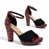 Sandales à talon carré léopard à bout ouvert pour femmes, disponibles en grandes tailles, avec bride en daim noir, parfaites pour les soirées et les rendez-vous galants (OEM disponible)