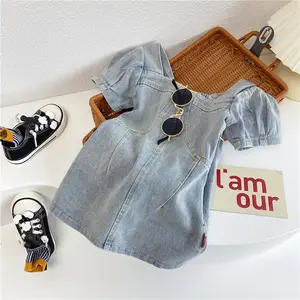 2023 new product summer denim dress for girls with puff sleeve little baby fancy dress with elastic back