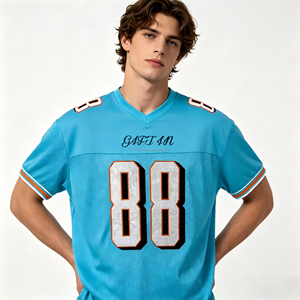 T-shirt en jersey à mailles personnalisé de style streetwear, imprimé de strass, cristal scintillant, col en V, coupe régulière, broderie de maillot de football 3D - Product Image 1