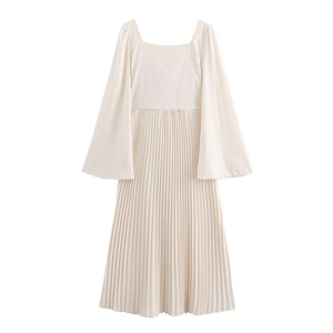 Vestido Midi Plisado Beige de Manga Larga con Cuello Cuadrado para Mujer, Estilo Casual, Cintura Natural, Transpirable, Servicio OEM Mixto para Uso Diario - Product Image 2