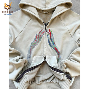 Custom Hoodies High Quality Men 100% Cotton Breathable Vintage Distressed Finish Washed Printing Embroidery Zip-Up Jersey Hoodie - Product Image 3