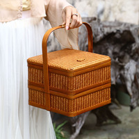 Panier de pique-nique en bambou naturel tressé à la main, style chinois, avec couvercle et poignée, écologique, pour mariage, organisation de collations, organisation domestique, portable