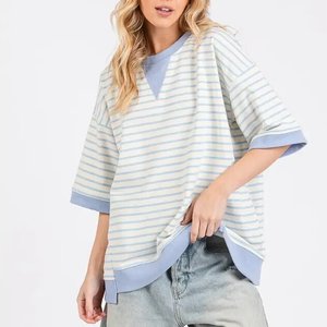 T-Shirt Oversize Casual da <span class=keywords><strong>Donna</strong></span> con Logo Personalizzato, Maniche Corte, Collo Tondo, in Spugna <span class=keywords><strong>a</strong></span> Blocchi di Colore <span class=keywords><strong>e</strong></span> <span class=keywords><strong>Righe</strong></span>, Produttore - Product Image 1