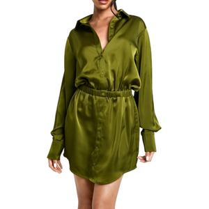 Nuevo Vestido Camisero Elegante de Satén para Mujer, Manga Larga, Cuello con Solapa, Botones, Mini Vestido - Product Image 1