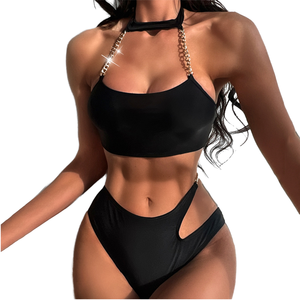 Traje de Baño Bikini Sexy de Dos Piezas con Cadena Metálica de Color Sólido, Cintura Alta, de Secado Rápido, para Mujer, PASUXI, Gran Venta - Product Image 1