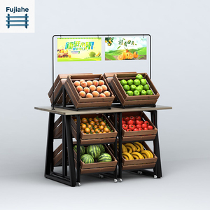 Étagère de présentation de produits à 3 niveaux Fujiahe avec 12 caisses en bois, présentoir îlot en acier pour supermarché, étagère à fruits et légumes avec porte-panneau - Product Image 2