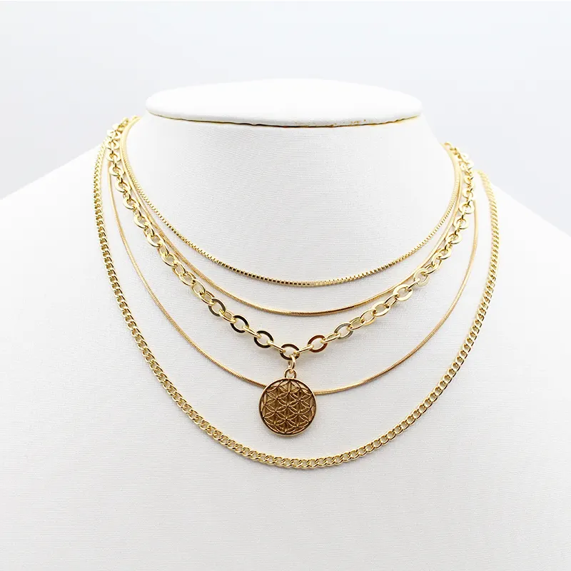 Morden Style Gold Plated Thin Chain Multi Layered Charm Coin Star Pendant Necklace For Women