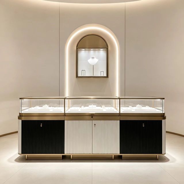High Quality Luxury LED Lighting Jewelry Display Fixtures Durable Metal/Glass/Wood Structure Lockable Glass Top Retail Store