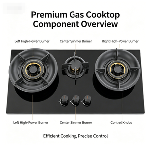 Table <span class=keywords><strong>de</strong></span> cuisson à <span class=keywords><strong>gaz</strong></span> robuste 3 zones en verre trempé avec brûleurs entièrement en cuivre et protection anti-extinction <span class=keywords><strong>de</strong></span> flamme pour cuisine - Product Image 2