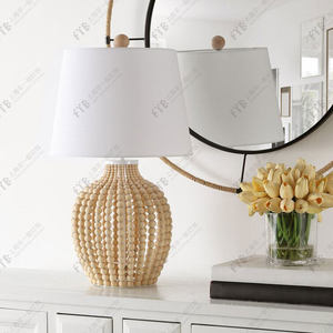 <b>Table</b> <b>Lamp</b> Solid Wood Bead Fabric Shade E27 LED Light Source Switch Control For Living Room Bedroom <b>Study</b> Bedside - Product Image 1
