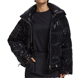 Manteau d'hiver court décontracté pour femme 2025, noir, à sequins dorés, col montant, matelassé, avec fermeture éclair - Product Image 1