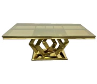 Table de banquet de mariage de luxe en gros, cadre en acier inoxydable doré, plateau en verre trempé moderne, table de salle à manger de style nouveau pour événements