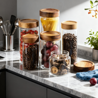 Bocaux de conservation en verre borosilicate avec couvercles en bois d'acacia, récipients de cuisine hermétiques pour café, thé, épices 100-2000 ml - Personnalisables