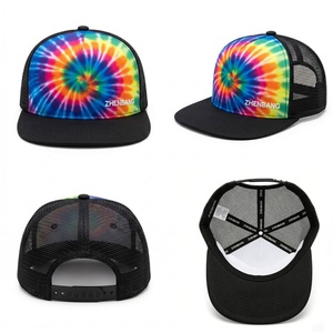 Personalized Tie Dye Foam Trucker <b>Hat</b> Custom 5 Panel <b>Flat</b> Brim Trucker <b>Hat</b> Adjustable Snapback Breathable Mesh Cap - Product Image 5