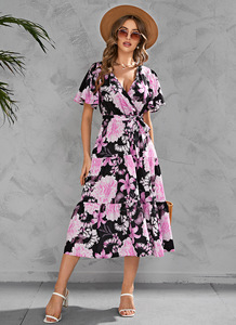 Vestido Casual Elegante de Cintura Ajustada para Mujer, con Estampado Floral de Leopardo y Letras, Cuello en V, Encaje y Largo hasta el Suelo, de Buena Calidad - Product Image 2